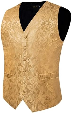 DiBanGu Mens Vest and Tie Set Formal Paisley Waistcoat and Necktie Pocket Square Cufflinks Silk Suit Vest for Tuxedo Wedding - Image 3