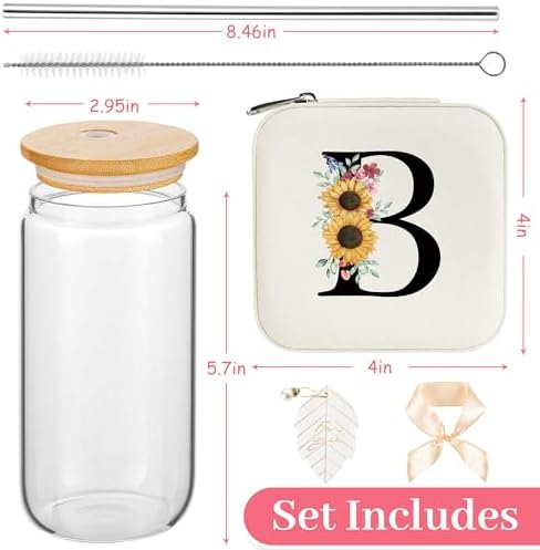 AYGXU Mothers Day Gifts for mom,travel jewelry case organizer,small jewelry travel case,Cute Tumbler Cup,16oz bamboo lids for glass cups,teacher appreciation gifts for women,Initial B white - Image 2