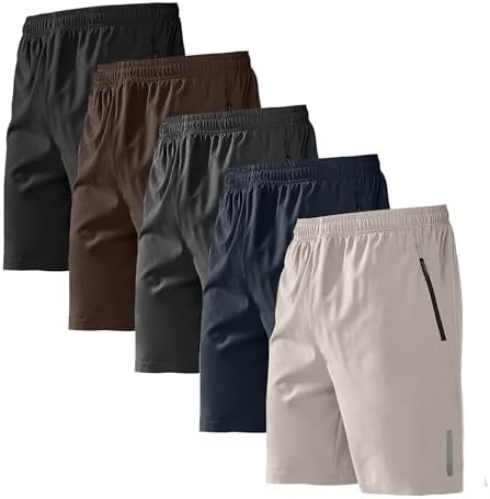 BUYJYA 5 Pack Men's Athletic Gym Shorts Set Workout Basketball Running Elastic Waist with Zipper Pocket Gift by BUYJYA