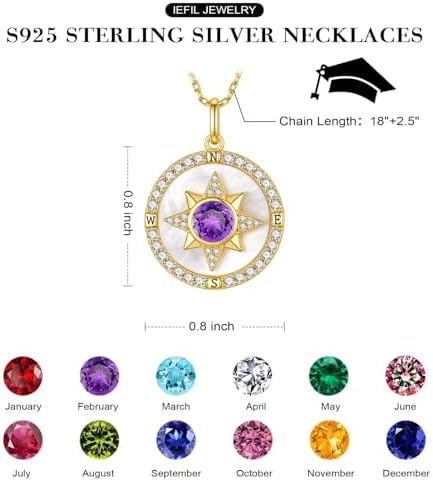 Iefil Compass Necklace for Women, Birthstone Necklace, 925 Sterling Silver - Image 5