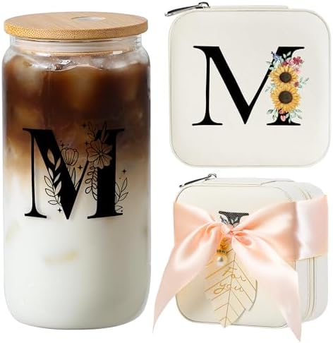 AYGXU teen girl gifts trendy stuff,Jewelry Box Organizer,Travel Initial Jewelry Box for Girls,16oz glass cups with bamboo lids,aesthetic glass cup,Travel Essentials,Initial M white by AYGXU