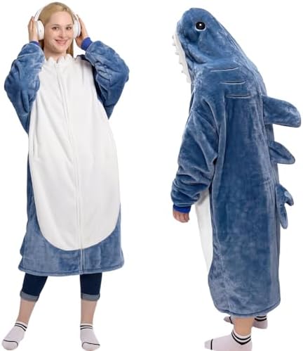 Waitu Shark Blanket Hoodie Funny Birthday Gifts for Women Mom Men Boys Girls, Zipper Wearable Shark Hooded Blanket Cute Shark Costume Cozy Flannel Shark Sleeping Bag for Shark Gifts (Adult, Blue) by Waitu