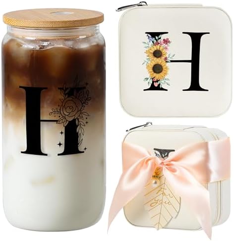 AYGXU Birthday Gifts for Women,Initial Glass Cup,Cute Tumbler Cup,bamboo lids for glass cups,Travel Jewelry Organizer,Teen Girls Gifts for Teenage Girls Birthday,Initial H white by AYGXU