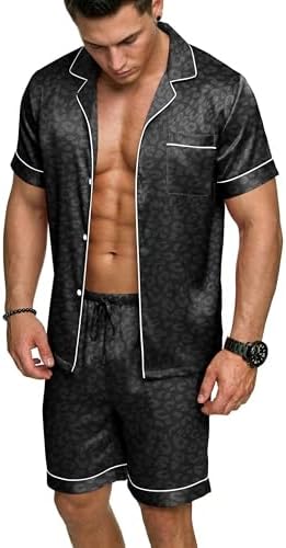 Ekouaer Mens Silk Satin Pajamas Set Short Sleeve Button Up Lounge Pjs Set by EKOUAER