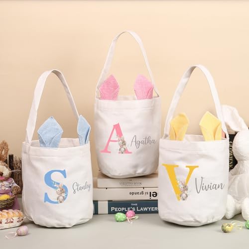 Personalized Bunny Ears Bucket Bag with Custom Name Photo-Easter Bag with Handle-Soft Egg Basket for Kids -Customized Easter Basket-Great for Carrying Gift Easter Eggs (Blue) - Image 6