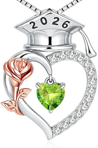 SLOONG College Graduation Gifts for Her, S925 Sterling Silver Heart Birthstone Graduation Cap Rose Necklace, Class of 2026 High School College Graduation Gifts for Her by sloong
