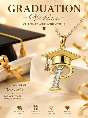Graduation Gifts for Women, 18K Gold Graduation Initial Necklace A-Z, Inspiring Grad Pendant Necklace Present, College Seniors High School Graduations Jewelry Gifts - Image 2