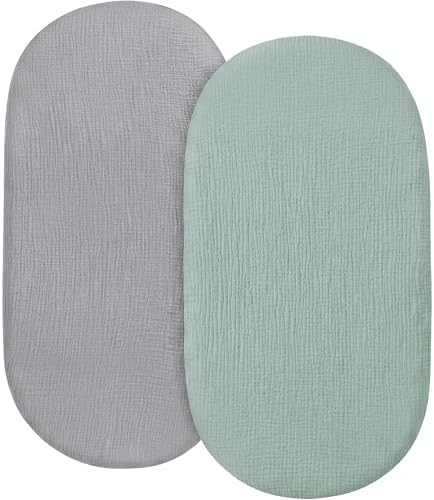 Pro Goleem Muslin Bassinet Sheet for Boys and Girls, Soft Breathable Fitted Cotton Baby Sheets Set for Oval Hourglass and Rectangular Bassinet Mattress, Neutral, 2 Pack (Grey＆Green) by ProGoleem