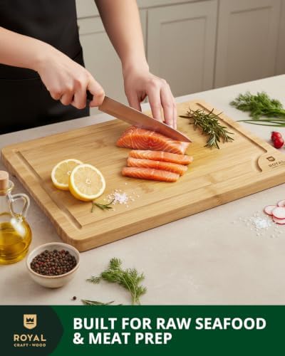 ROYAL CRAFT WOOD Wooden Cutting Boards for Kitchen Meal Prep & Serving - Bamboo Wood Serving Board Set with Deep Juice Groove Side Handles - Charcuterie & Chopping Butcher Block for Meat - Image 7