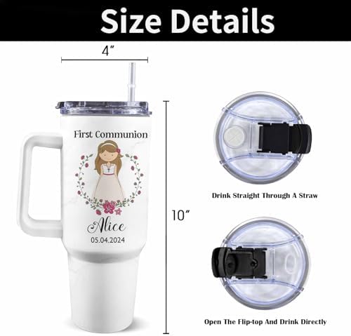 First Communion Gifts for Girls - Personalized 1st Holy Communion Tumblers with Handle and Straw, Custom First Holy Communion Coffee Tumbler with Name & Date, Baptism Gifts for Girls Daughters - Image 3