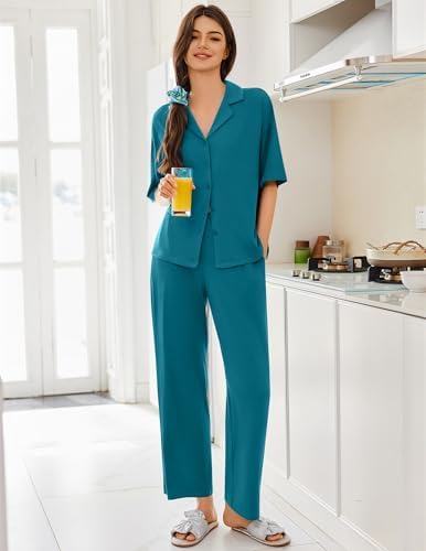 Ekouaer Women Pajamas Set Button Down Sleepwear Short Sleeve Pjs Long Pants - Image 3