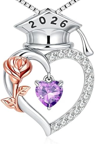 SLOONG College Graduation Gifts for Her, S925 Sterling Silver Heart Birthstone Graduation Cap Rose Necklace, Class of 2026 High School College Graduation Gifts for Her by sloong