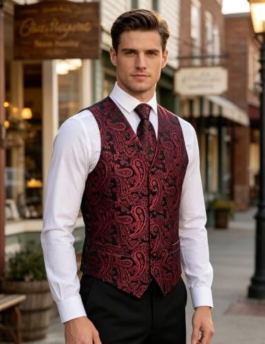 DiBanGu Mens Vest and Tie Set Formal Paisley Waistcoat and Necktie Pocket Square Cufflinks Silk Suit Vest for Tuxedo Wedding - Image 3