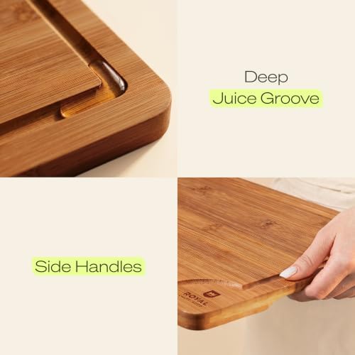 ROYAL CRAFT WOOD Wooden Cutting Boards for Kitchen Meal Prep & Serving - Bamboo Non Toxic Cutting Board Set with Deep Juice Groove Side Handles - Charcuterie & Chopping Butcher Block for Meat (2 Pcs) - Image 4