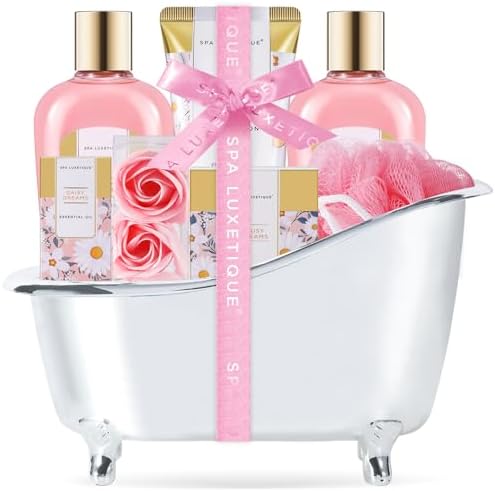 Self Care Gifts for Women, Spa Luxetique Bath and Body Gift Set, 8pcs Daisy Gift Baskets for Women with Bubble Bath, Lotion, Spa Kit, Valentines Day Basket by spaluxetique