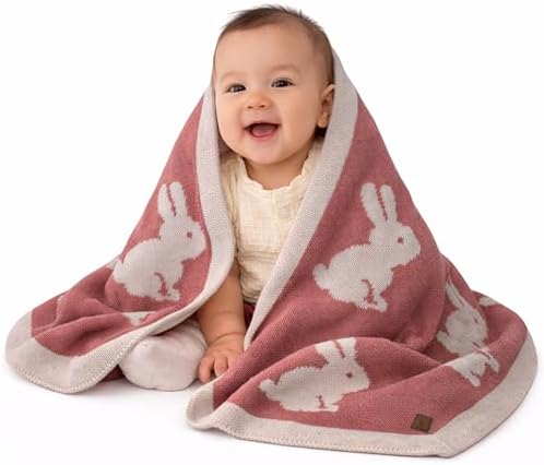 Reversible Knit Baby Blanket 30x40 in, Rabbit Antique Rose by LittleDedi