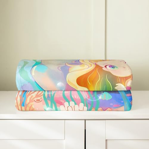 Erosebridal Mermaid Flannel Blanket Twin 60x80 Inch Rainbow Fleece Blanket Bubble Underwater Coral Fuzzy Plush Throw Fish Tail Shell Seaweed Living Room Decor - Image 4