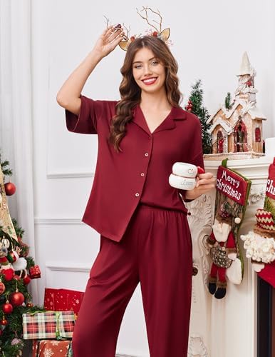 Ekouaer Women Pajamas Set Button Down Sleepwear Short Sleeve Pjs Long Pants - Image 3