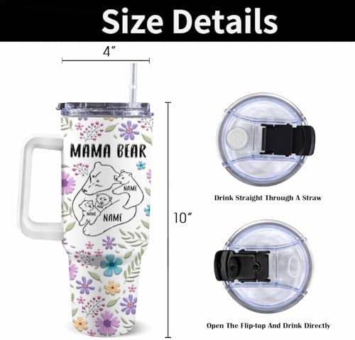 Gifts for Mom from Daughter Son, 40OZ Personalized Mama Bear Tumbler with Handle and Straw, Custom Mom Coffee Tumbler with Kids Names, Personalized Birthday Mothers Day Gift for Women, Her, Grandma - Image 3