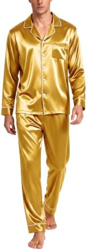 SWOMOG Mens Silk Satin Pajamas Set Long Sleeve Sleepwear Button-Down Pj Two-piece Loungewear with Long Pants S-XXL by SWOMOG
