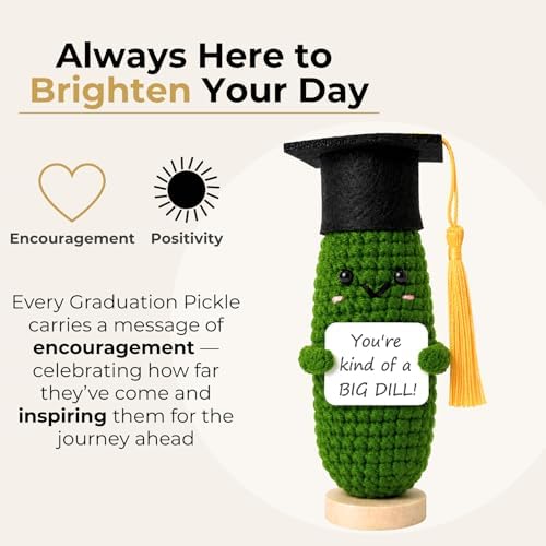 Graduation Pickle Gift 2026 for Her & Him – Funny Crochet Graduation Gift, Emotional Support Pickle with Graduation Cap & Wooden Stand, Cute Class of 2026 Senior Grad Gift for College & High School - Image 4