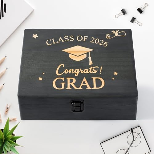 R HORSE Graduation Keepsake Wood Box, Class of 2026 Engraving Wooden Memory Box for High School Graduates, Engraved Graduation Gift for Him Her Memory Storage & Party Favor by RHORSE
