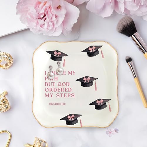 Congratulations Gifts for Women, College Graduation Gifts for Her New Job Gifts - She Believed She Could Jewelry Tray Ceramic Trinket Dish Inspirational Promotion Gift for Coworker (Graduation-Pink) - Image 3