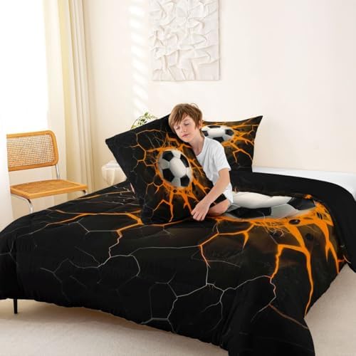 Erosebridal Soccer Bedding King,Lightning Football Print Comforter Set Sports Ball Game Bed Sets Soccer Ball Games Duvet Insert 3 Pieces - Image 3