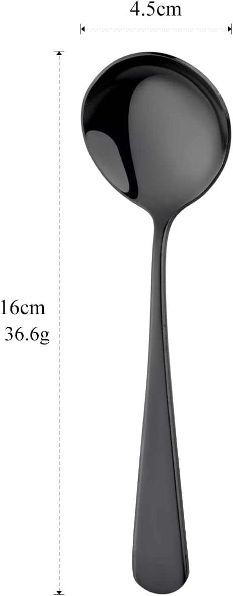 Buyer Star 8 Pieces Stainless Steel Round Soup Spoon, 6.3 Inch Mirror Polished Spoon Cutlery, Dishwasher Safe (Black)