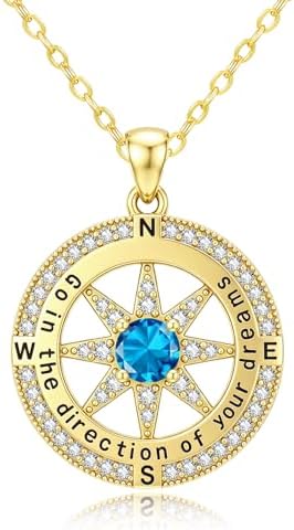 Compass Necklaces for Women, 14K Gold Anniversary Birthday Gifts for Wife Girlfriend Her, Inspirational Graduation Jewelry Gift with 1 Birthstone ‘Go in the direction of your dreams’ by SilvecFantasy