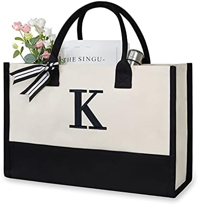 TOPDesign Personalized Initial Canvas Beach Bag, Monogrammed Gift Tote Bag for Women by TOPDesign