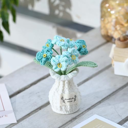 Crochet Flower Pot Forget-me-not Valentines Day Gift for Women Him Her Boyfriend Girlfriend Lover Husband Couples Wife Coworker Birthday Wedding Knitted Blue Plant Cute Office Desk Decor - Image 4