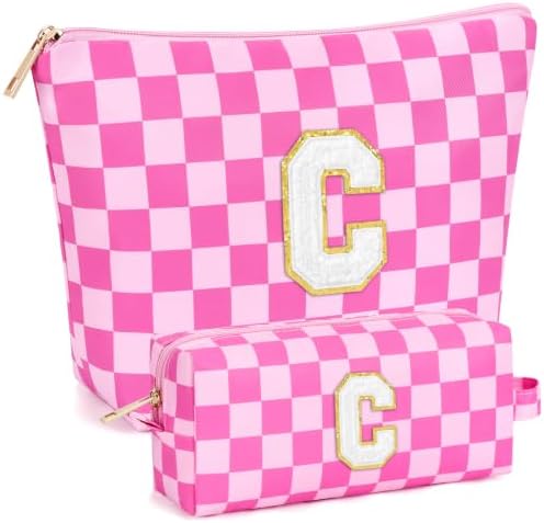 mibasies 2 PCS Initial Makeup Bags for Women: Cosmetic Bag for Travel Toiletry - Birthday Gifts for Teen Girl Gifts Trendy Stuff - Graduation Teacher Gift for Girlfriend -Checkered Rose Red C by mibasies