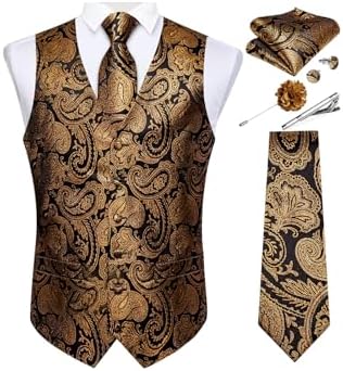 DiBanGu Mens Vest and Tie Set Formal Paisley Waistcoat and Necktie Pocket Square Cufflinks Silk Suit Vest for Tuxedo Wedding by DiBanGu