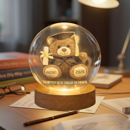 Daty Personalized Graduation Crystal Ball LED Night Light Class of 2026, Teddy Bear 3D Laser Engraved Sphere Gift for High School Graduate - Image 4