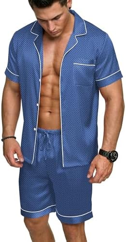 Ekouaer Mens Silk Satin Pajamas Set Short Sleeve Button Up Lounge Pjs Set by EKOUAER