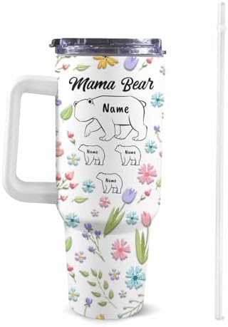 Gifts for Mom from Daughter Son, 40OZ Personalized Mama Bear Tumbler with Handle and Straw, Custom Mom Coffee Tumbler with Kids Names, Personalized Birthday Mothers Day Gift for Women, Her, Grandma - Image 2