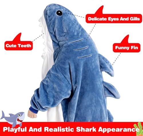 Waitu Shark Wearable Blanket for Kids, Shark Blanket Hoodie Funny Birthday Gifts for Women Men Boys Girls, Shark Hooded Blanket Cute Flannel Shark Costume for Shark Lovers (Kids, Blue) - Image 6