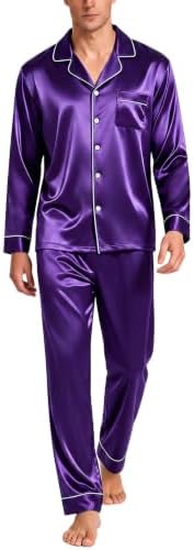SWOMOG Mens Silk Satin Pajamas Set Long Sleeve Sleepwear Button-Down Pj Two-piece Loungewear with Long Pants S-XXL by SWOMOG