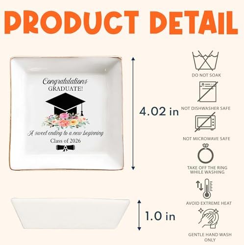 Graduation Gift for Her 2026 – Cap & Flowers Graduate 4" Ceramic Jewelry Dish – Class of 2026 Gift for Daughter, Sister, Friend– High School, College or University Graduate Keepsake Jewelry Tray Gifts - Image 5