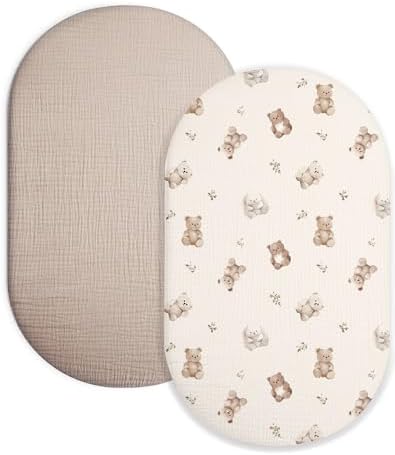 Muslin Bassinet Sheets 2 Pack, 33" x 17", (Teddy & Friends) by Meowcards