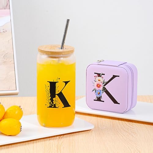 AYGXU teacher appreciation gifts, birthday gifts for women,initial glass cups with lids and straws 16oz,iced coffee cup,Travel Must Have Jewelry Box set,travel Jewelry Case Organizer,Initial A purple - Image 6