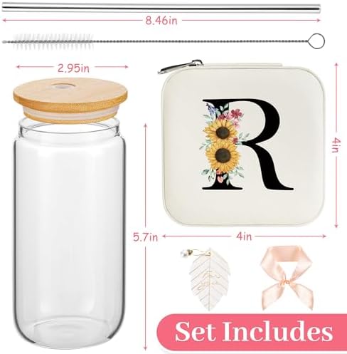 AYGXU Glass Travel Jewelry Box with Bamboo Lids - Small Organizer for Gifts, Initial R White - Image 2