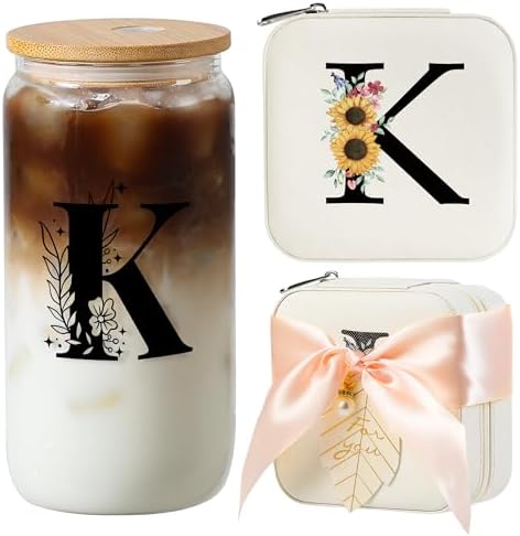 AYGXU Bridesmaid proposal gifts,16oz glass cups with bamboo lid,Travel Jewelry Organizer,Bridesmaid Gifts for Women,Wedding Travel Essentials Small Jewelry Box,Initial K white by AYGXU