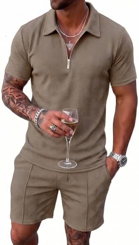 Men's Summer Outfits 2-Piece Polo Short Sets Shirt Sweatsuit by Kgamfar