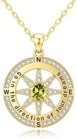 Compass Necklaces for Women, 14K Gold Anniversary Birthday Gifts for Wife Girlfriend Her, Inspirational Graduation Jewelry Gift with 1 Birthstone ‘Go in the direction of your dreams’ by SilvecFantasy
