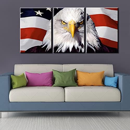 Patriotic Pictures for Living Room USA Flag and Bald Eagle Head Artwork White Red Stripes Paintings 3 Piece Canvas Wall Art Contemporary Home Decor Framed Ready to Hang Posters and Prints(42''Wx20''H)
