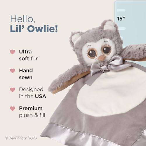 Bearington Lil' Owlie Owl Lovey Baby Security Blanket - 15" Gray Plush Stuffed Animal Blanket with Satin Trim - Soft Owl Lovey for Baby Girl and Boy - Snuggly Girl Gift for Babies - Image 2