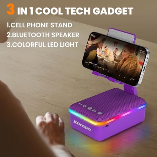 JTEMAN Gifts for Men Women,Cell Phone Stand with Bluetooth Speaker,LED Light,and Lanyard,Cool Tech Gadgets,Unique Birthday Gifts for Men Husband Mom Dad-Purple - Image 2