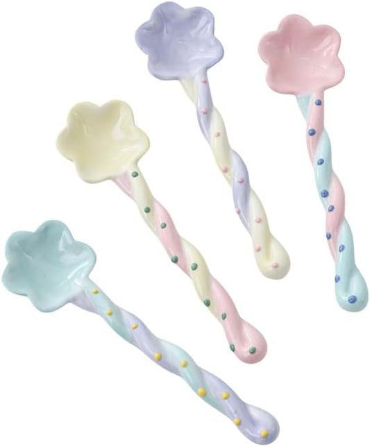 4-Pack - Ceramic Vintage Afternoon Tea, Coffee Whisk, Floral embossed beaded dessert spoon，Handmade Spoon, Long-Handle Coffee Scoop, tea scoop for loose tea, Size 5.9 * 1.5in(15 * 4cm)